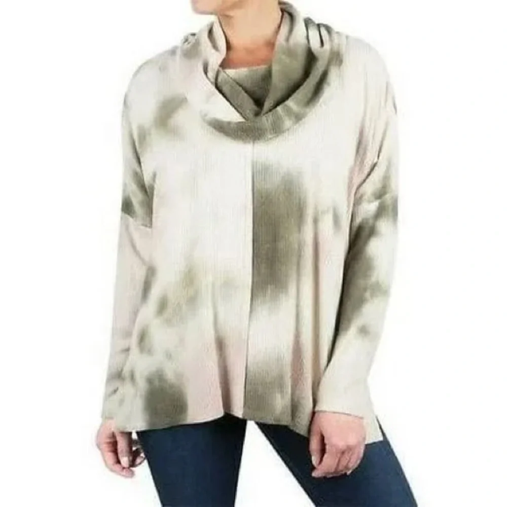 2 FOR $20 StatusChenault Oversized Cowl Neck Sweater Hi-Low Tie Dye Green XS NEW - Picture 1 of 11